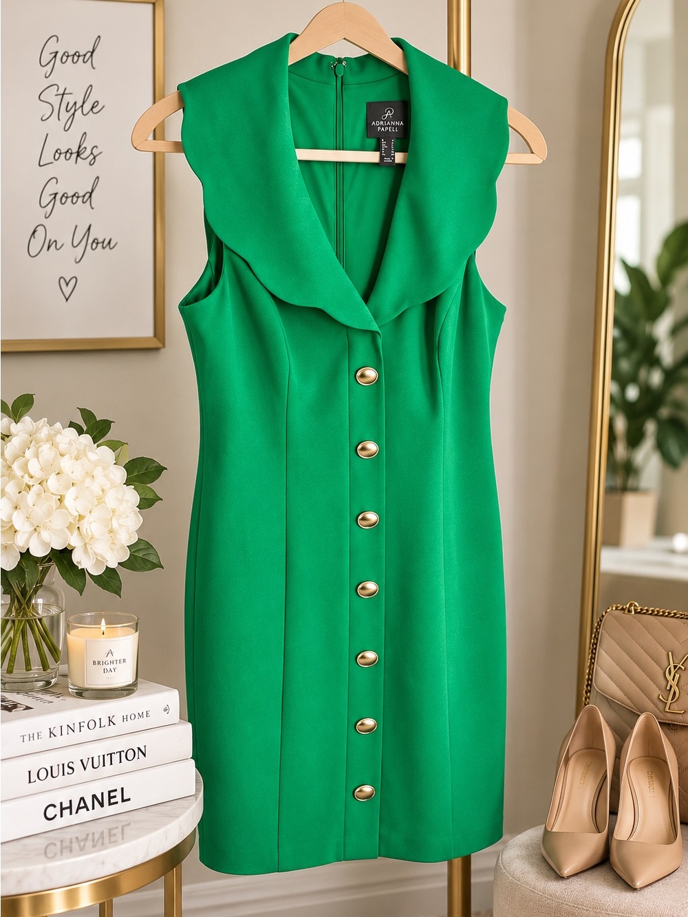 Adrianna Papell Emerald Green Gold Button Sheath Dress Size 10 Cocktail